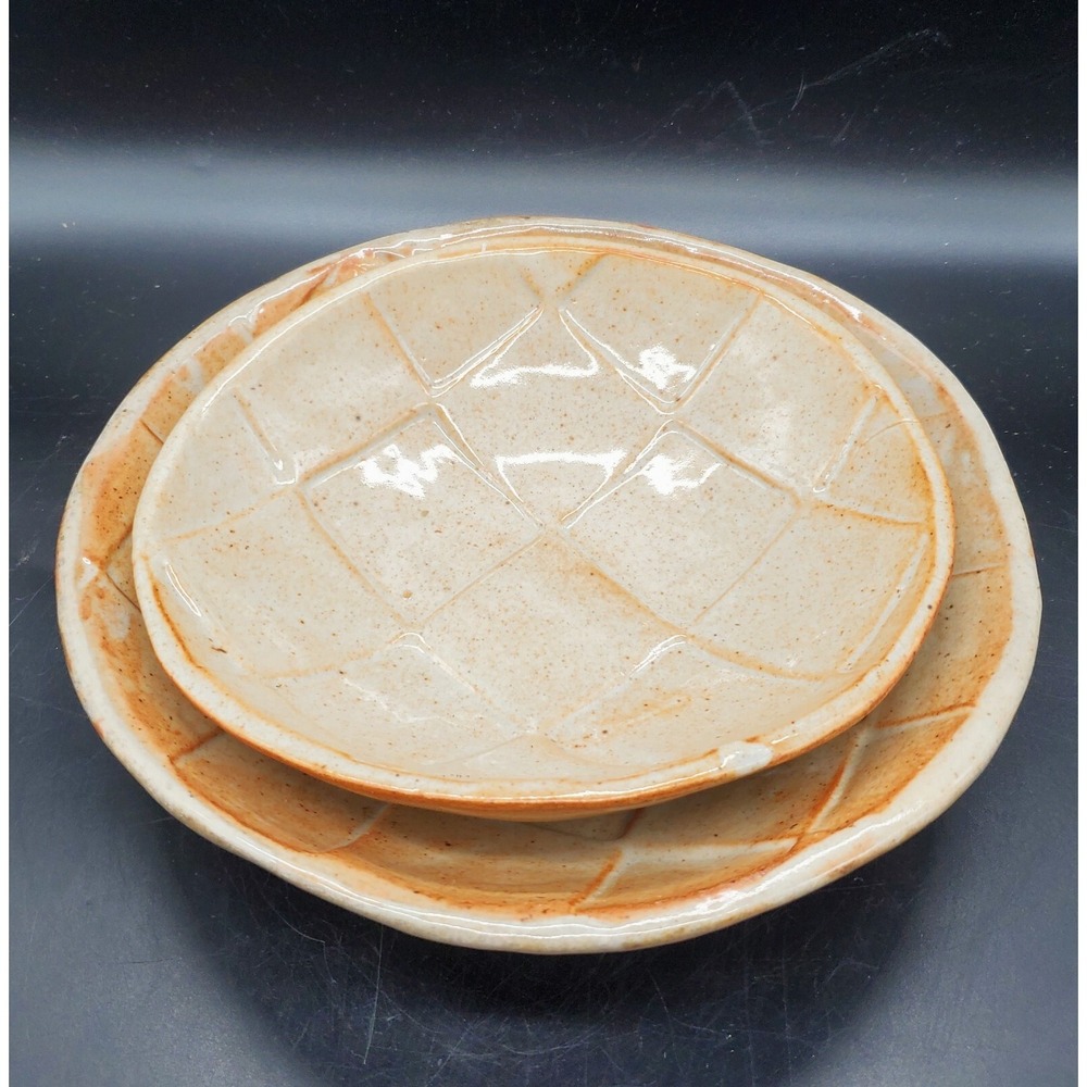 Set Of 2 Studio Art Pottery Beige‎ Checkered Bowl Signed
